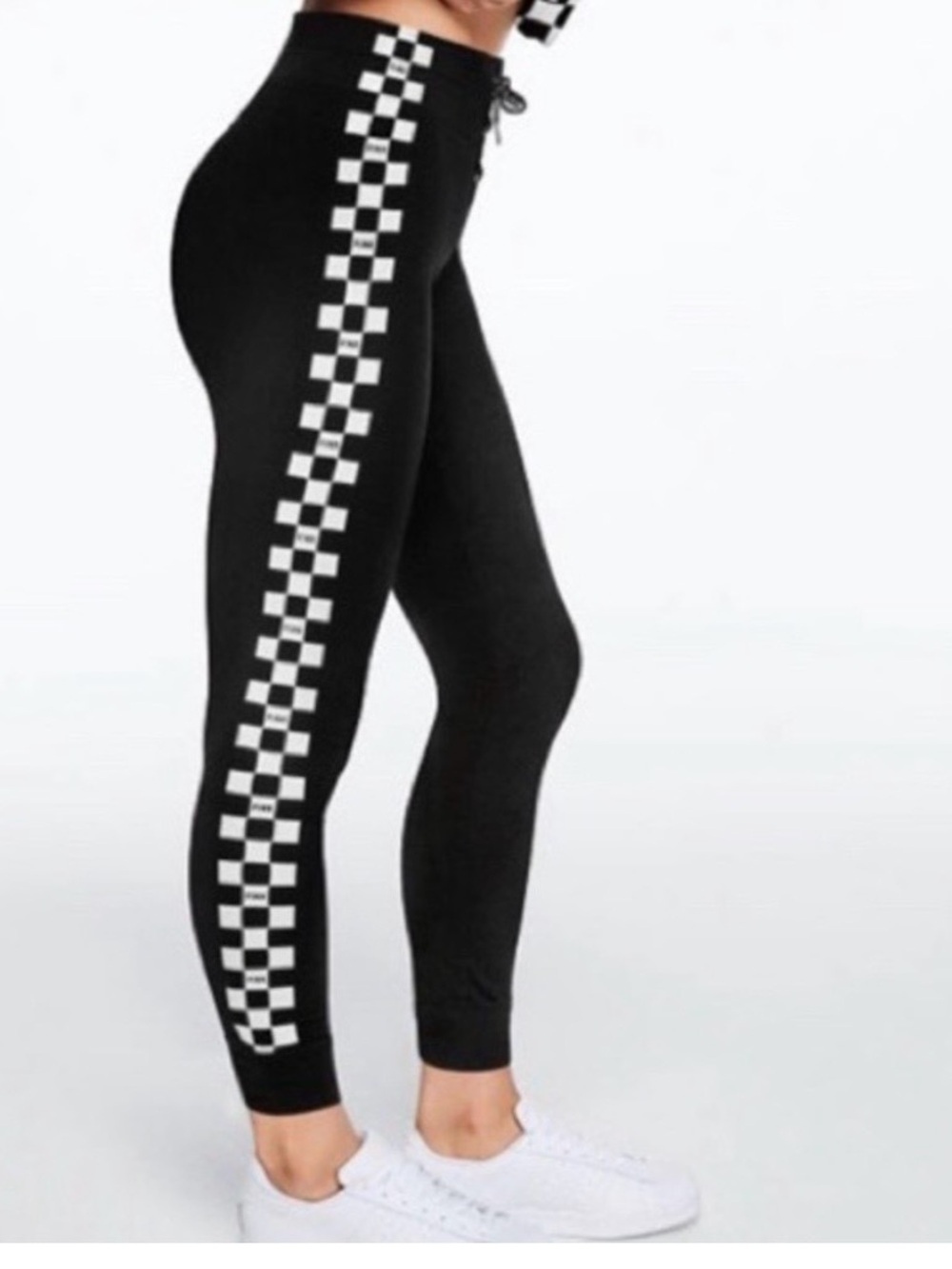 Victoria’s Secret pink Black Joggers with White Checkerboard Side Stripes